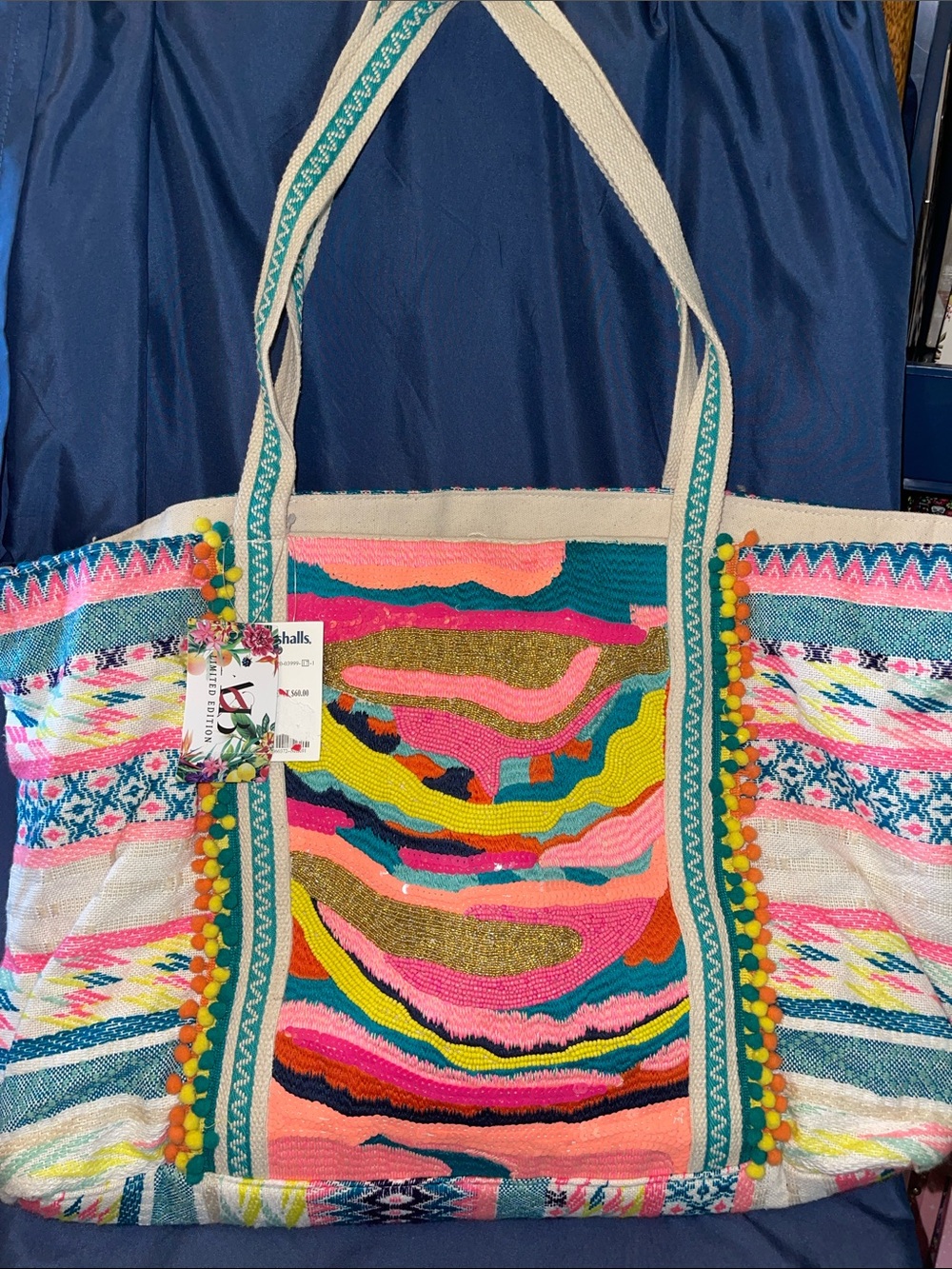 A & B Limited Edition- Colorful Pom-Trim Beaded Canvas Tote Bag